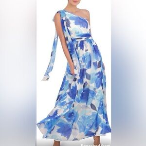 Eliza J One-Shoulder Blue Floral Maxi Dress